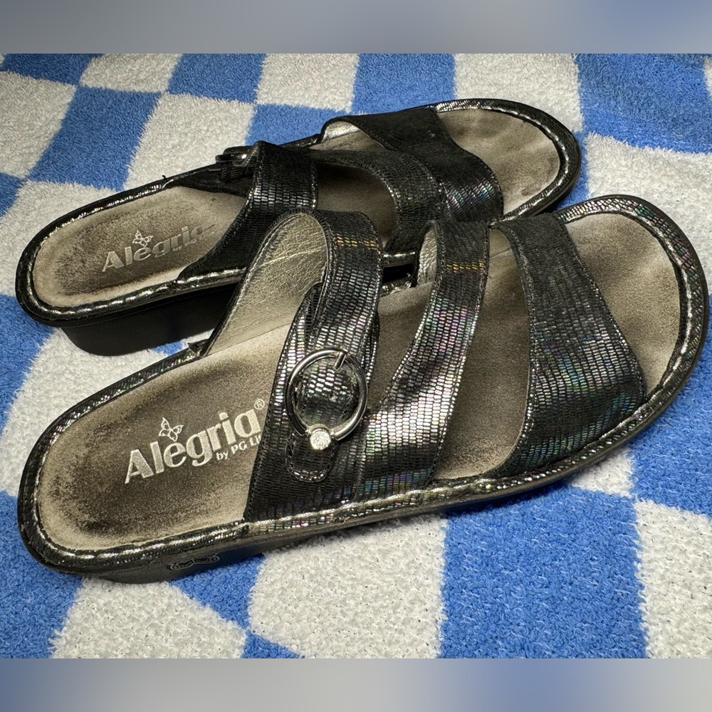Alegria ‘Colette’ Metallic Black Strappy Sandals Sz 38